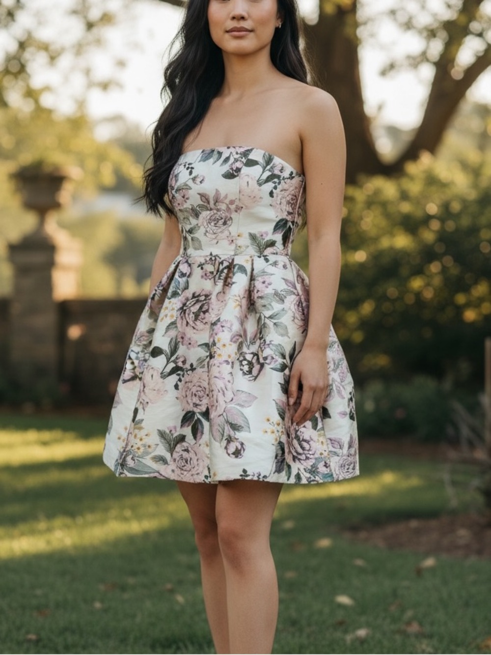 Speechless Strapless Floral Fit & Flare Dress — Blush, Green & Cream